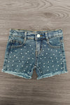 "Pre-K - Sixth Grade" Pink Pearl Denim Short Set - PRE-K / 2T - Blue denim shorts with frayed hems and white pearl embellishments across the front.