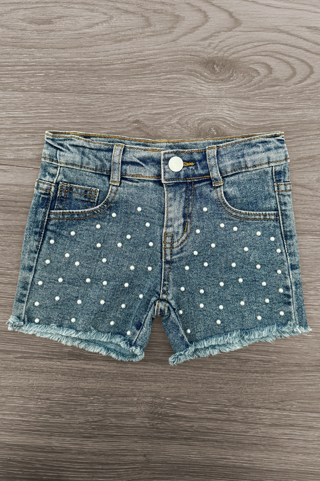 "Pre-K - Sixth Grade" Pink Pearl Denim Short Set - PRE-K / 2T - Blue denim shorts with frayed hems and white pearl embellishments across the front.