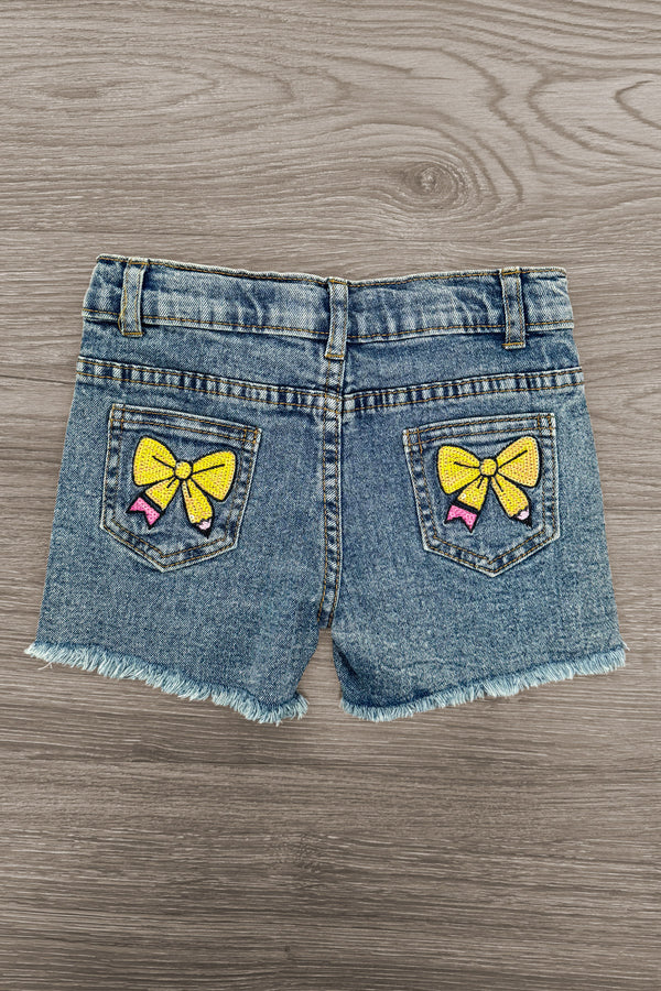 "Pre-K - Sixth Grade" Pink Pearl Denim Short Set - PRE-K / 2T - Child's denim shorts with frayed hems, featuring two back pockets each adorned with a yellow bow graphic print.