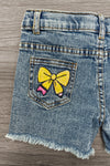 "Pre-K - Sixth Grade" Pink Pearl Denim Short Set - PRE-K / 2T - Light blue denim shorts with frayed hems and a yellow bow patch on the back pocket.