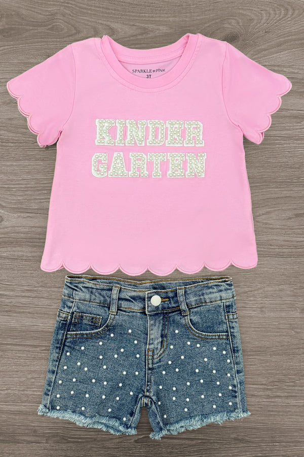 "Pre-K - Sixth Grade" Pink Pearl Denim Short Set - PRE-K / 2T - Pink short sleeve t-shirt with scalloped hem and "KINDER GARTEN" text paired with blue denim shorts embellished with silver.