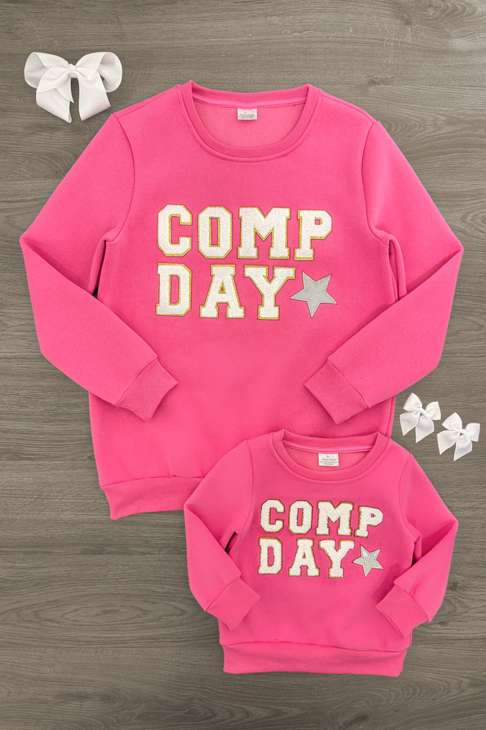 Mom & Me - "Comp Day" Sweatshirt - Pink / CHILD-Small-3T - Pink "Comp Day" sweatshirts for mom and child with cream lettering and a gray star detail.