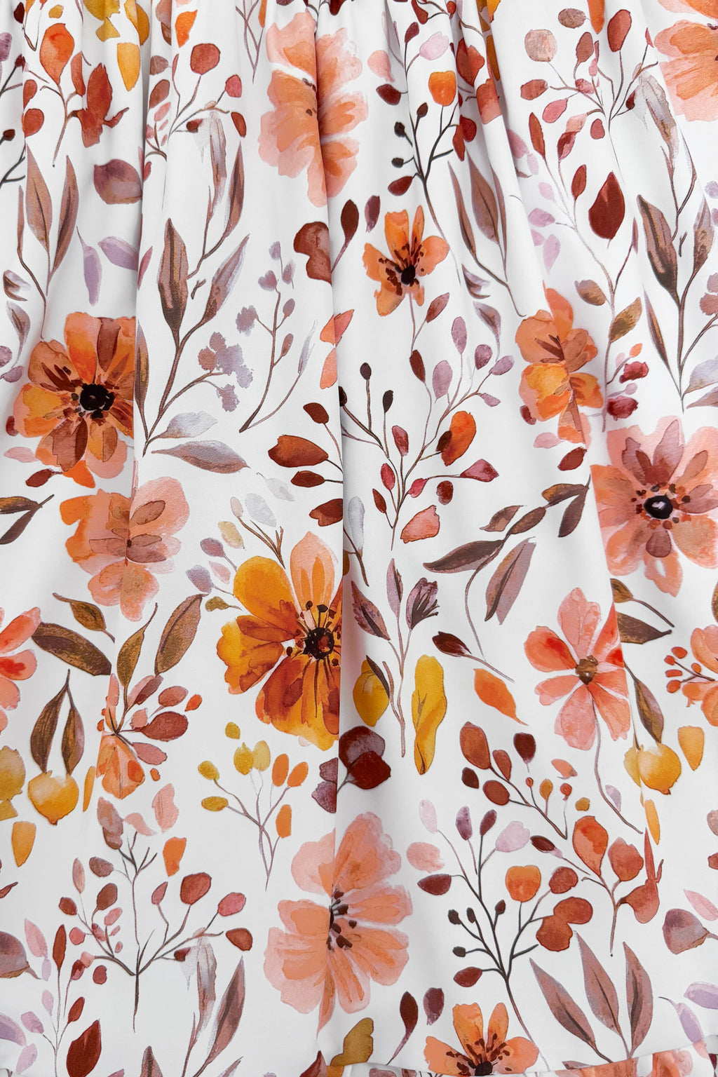 Mom & Me - Floral Fall Watercolor Dress - CHILD-6-12 Months - Cream dress with orange and rust floral watercolor print featuring leaves and delicate branches.