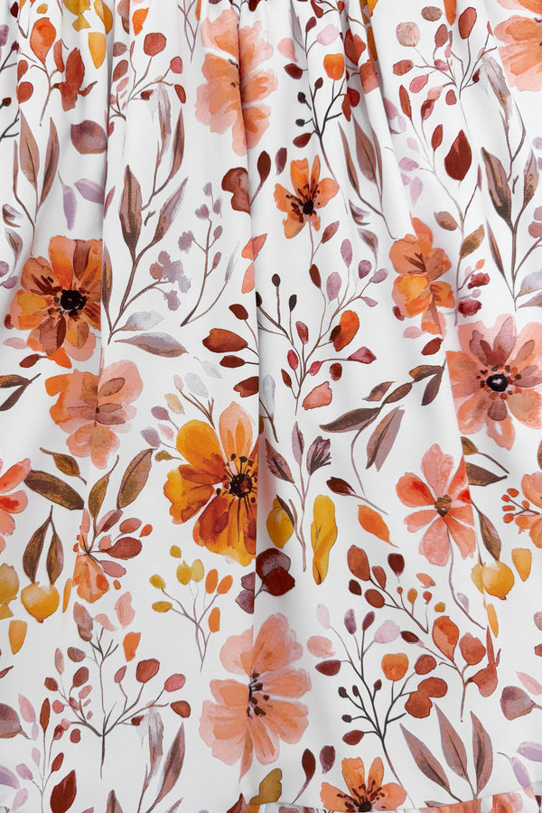 Mom & Me - Floral Fall Watercolor Dress - CHILD-6-12 Months - Cream dress with orange and rust floral watercolor print featuring leaves and delicate branches.