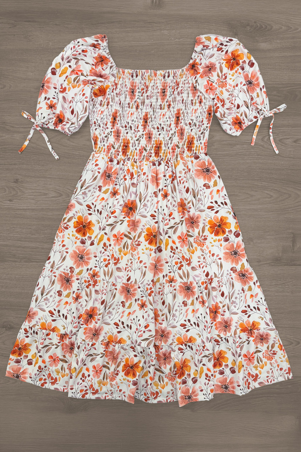 Mom & Me - Floral Fall Watercolor Dress - MOM-XS - Cream-colored dress with orange and brown floral watercolor print, puffed sleeves, and ruched bodice.