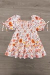 Mom & Me - Floral Fall Watercolor Dress - CHILD-6-12 Months - Cream dress with orange and pink floral watercolor print, puff sleeves with tie details, gathered bodice.