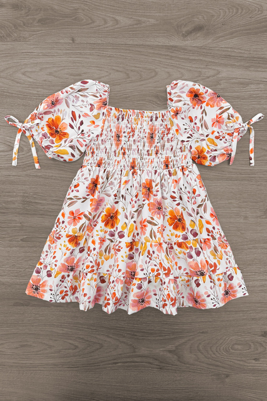 Mom & Me - Floral Fall Watercolor Dress - CHILD-6-12 Months - Cream dress with orange and pink floral watercolor print, puff sleeves with tie details, gathered bodice.