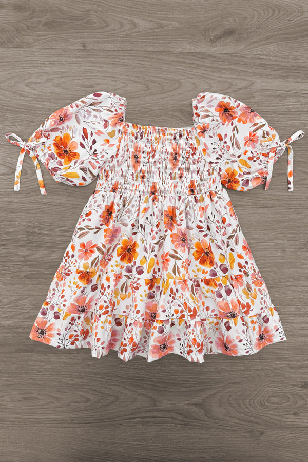 Mom & Me - Floral Fall Watercolor Dress - CHILD-6-12 Months - Cream dress with orange and pink floral watercolor print, puff sleeves with tie details, gathered bodice.