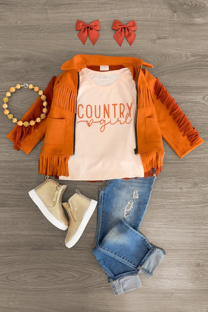 "Country Girl" Suede Fringe Jacket Set - 3XS-6-12 Months - Rust suede fringe jacket with "Country girl" cream graphic tee, rolled denim jeans, beige sneakers, red bows, and wooden.