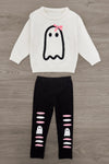 Ghost Pant Set - Boy Or Girl - GIRL-6-12 Months-FAMILY - Cream long-sleeve sweatshirt with a black ghost and pink bow graphic, paired with black leggings featuring matching ghost.