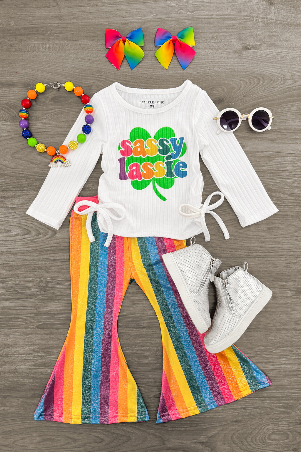 "Sassy Lassie" Rainbow Striped Bell Bottom Set | Sparkle in Pink