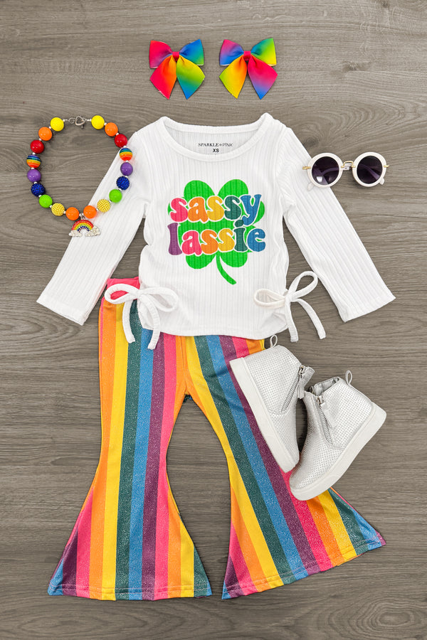 "Sassy Lassie" Rainbow Striped Bell Bottom Set | Sparkle in Pink