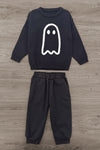 Ghost Pant Set - Boy Or Girl - BOY-6-12 Months-FAMILY - Black long-sleeve sweater with white ghost graphic and matching black elastic waistband jogger pants.