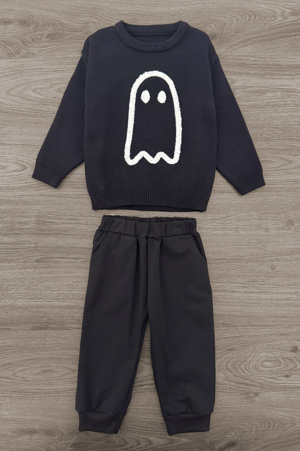 Ghost Pant Set - Boy Or Girl - BOY-6-12 Months-FAMILY - Black long-sleeve sweater with white ghost graphic and matching black elastic waistband jogger pants.