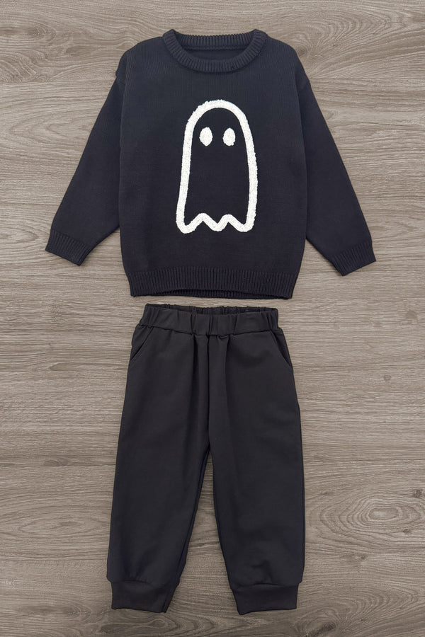 Ghost Pant Set - Boy Or Girl - BOY-6-12 Months-FAMILY - Black long-sleeve sweater with white ghost graphic and matching black elastic waistband jogger pants.