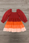 Mom & Me - Fall Ruffle Ombre Dress - CHILD-6-12 Months - Long-sleeve fall dress with ruched bodice and tiered ruffle skirt in rust, orange, and light pink colors.