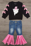Bubblegum Ghost Denim Bell Bottom Set - 6-12 Months - Black long-sleeve top with pink bows on sleeves and white ghost graphic with pink bow, paired with blue denim bell bottom.