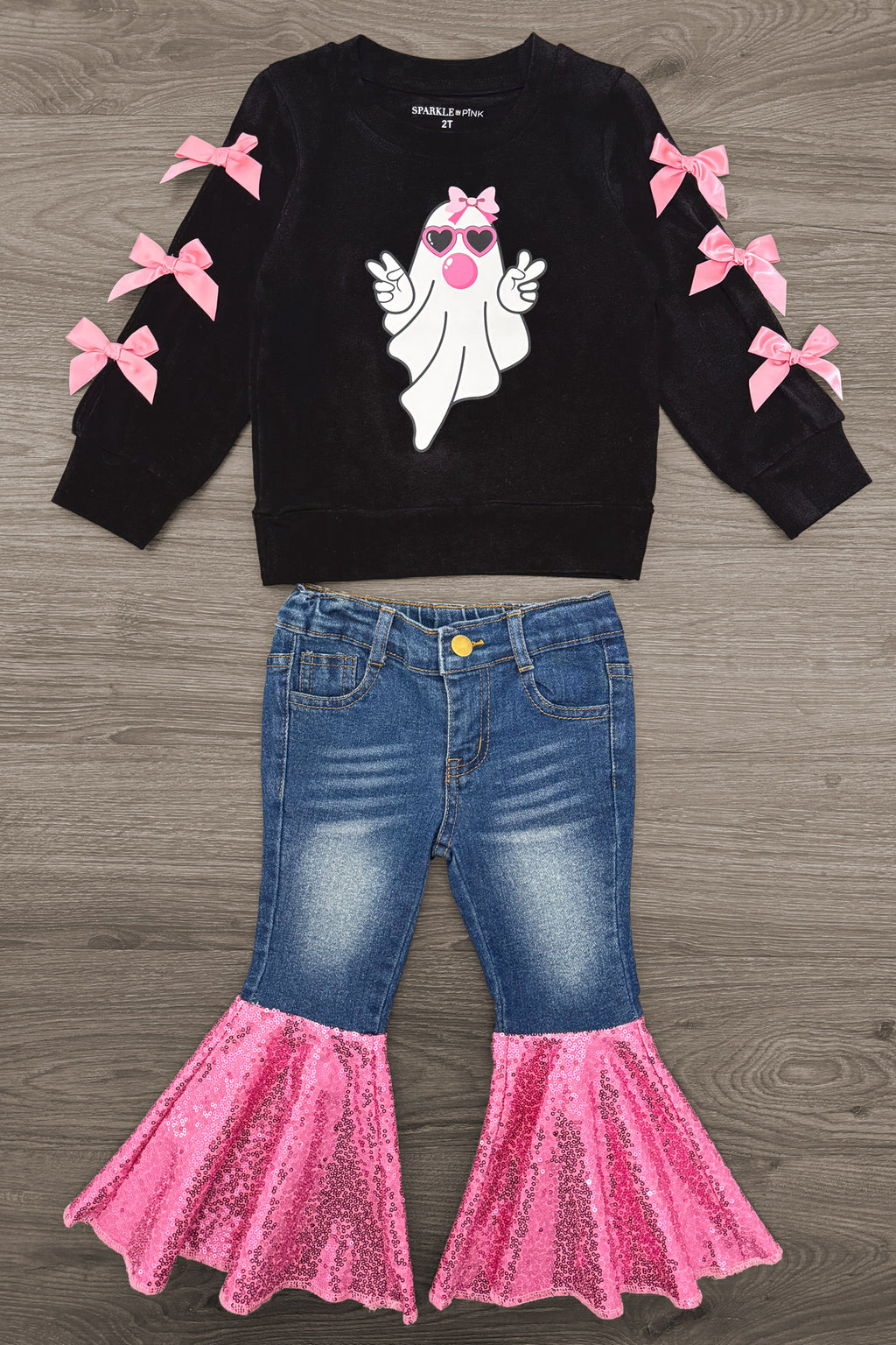 Bubblegum Ghost Denim Bell Bottom Set - 6-12 Months - Black long-sleeve top with pink bows on sleeves and white ghost graphic with pink bow, paired with blue denim bell bottom.