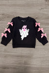 Bubblegum Ghost Denim Bell Bottom Set - 6-12 Months - Black denim long-sleeve top with pink bows on sleeves and a cartoon bubblegum pink ghost graphic on the front.