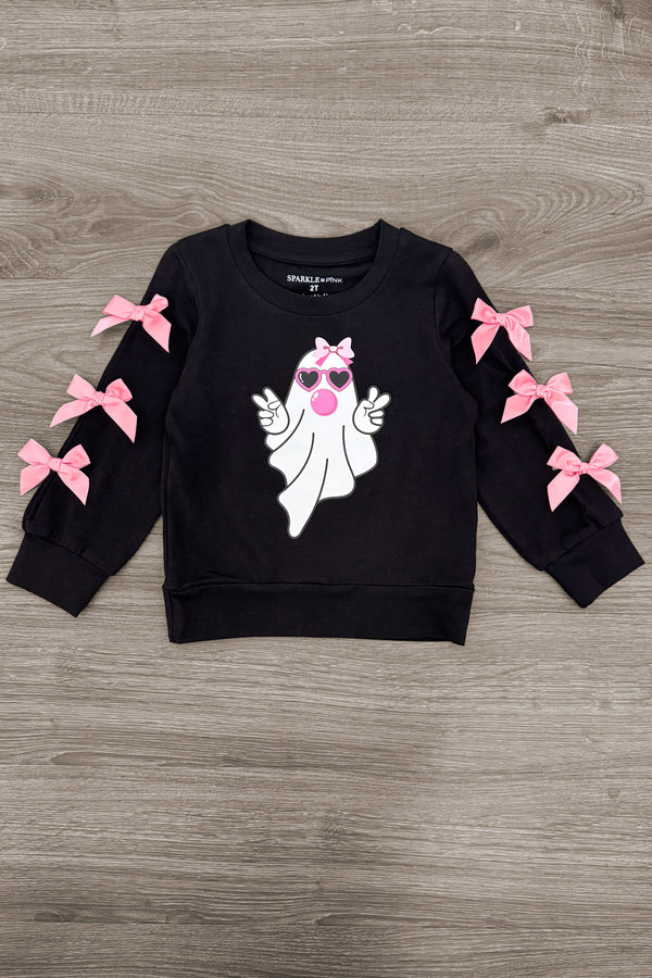 Bubblegum Ghost Denim Bell Bottom Set - 6-12 Months - Black denim long-sleeve top with pink bows on sleeves and a cartoon bubblegum pink ghost graphic on the front.