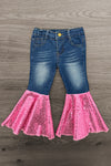 Bubblegum Ghost Denim Bell Bottom Set - 6-12 Months - Dark blue denim bell bottom jeans with bright pink sequin flared cuffs and gold button closure.