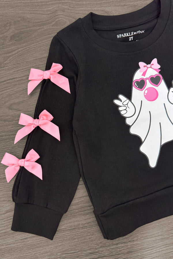 Bubblegum Ghost Denim Bell Bottom Set - 6-12 Months - Black denim long-sleeve top with pink bows on sleeve and cartoon ghost graphic wearing heart-shaped sunglasses and bow.