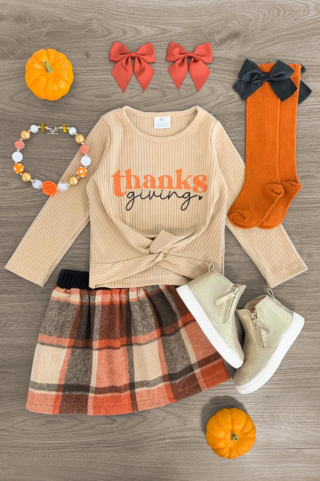 "Thanksgiving" Plaid Flannel Skirt Set - Sparkle in Pink