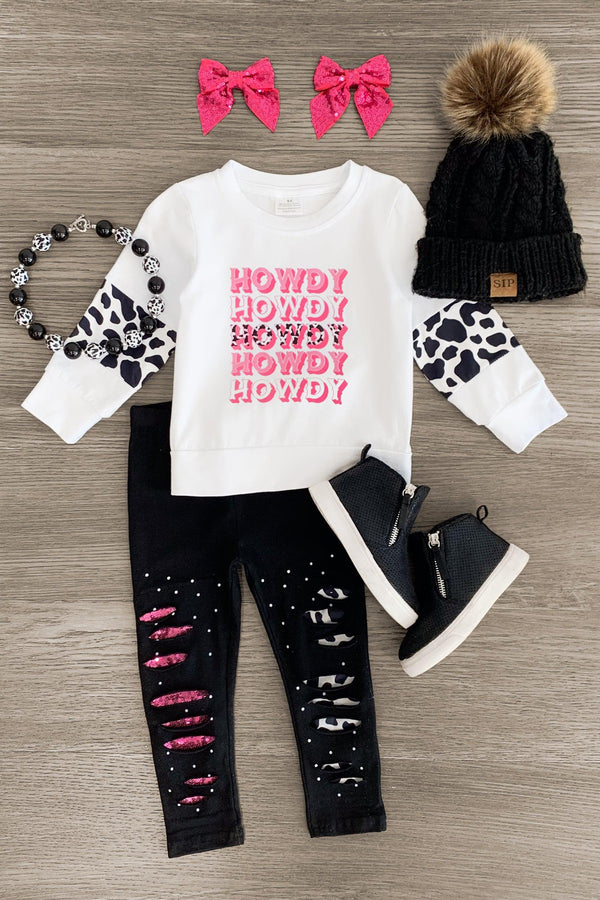 "Howdy" Distressed Legging Set - Sparkle in Pink