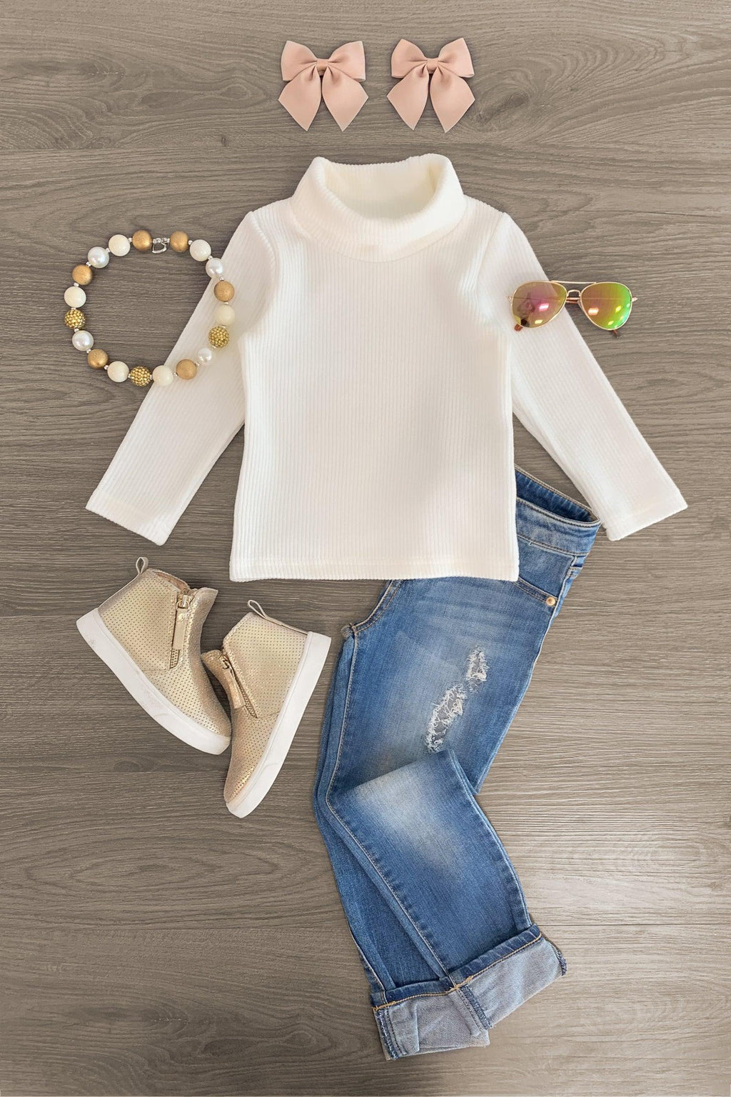 Cream Ribbed Turtleneck Sweater - Sparkle in Pink