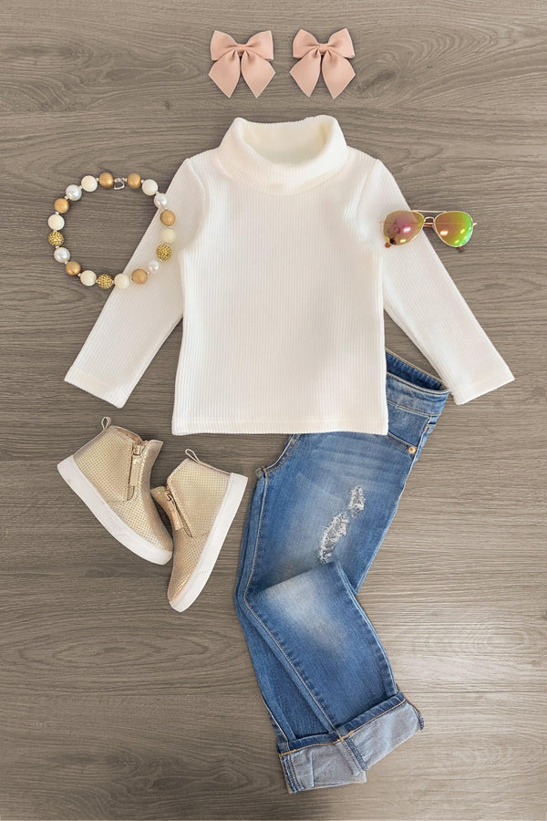 Cream Ribbed Turtleneck Sweater - Sparkle in Pink