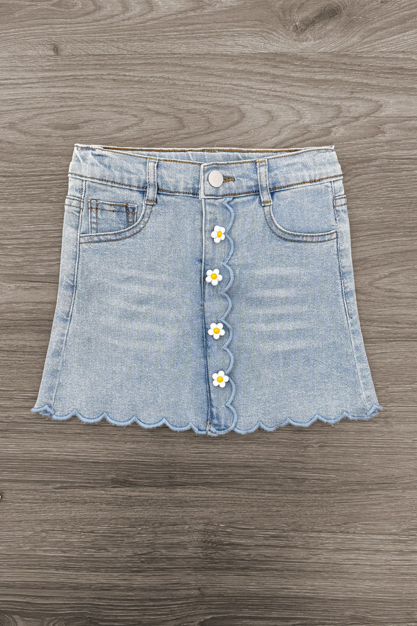 "Be The Good" Daisy Denim Skirt Set - 6-12 Months - Light wash denim skirt with scalloped hem and front button closure featuring white daisy-shaped buttons.