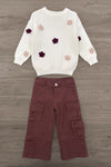 Knit Flower Burgundy Denim Pant Set - 6-12 Months - White knit sweater with purple and blush flower appliqués paired with burgundy wide-leg cargo pants.