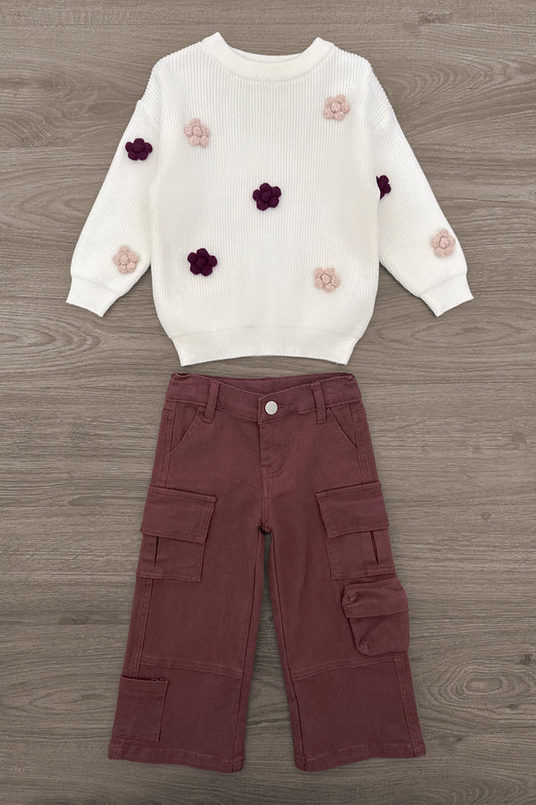 Knit Flower Burgundy Denim Pant Set - 6-12 Months - White knit sweater with purple and blush flower appliqués paired with burgundy wide-leg cargo pants.