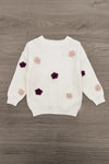 Knit Flower Burgundy Denim Pant Set - 6-12 Months - White knit long-sleeve sweater with burgundy and blush knit flower appliqués scattered on front and sleeves.