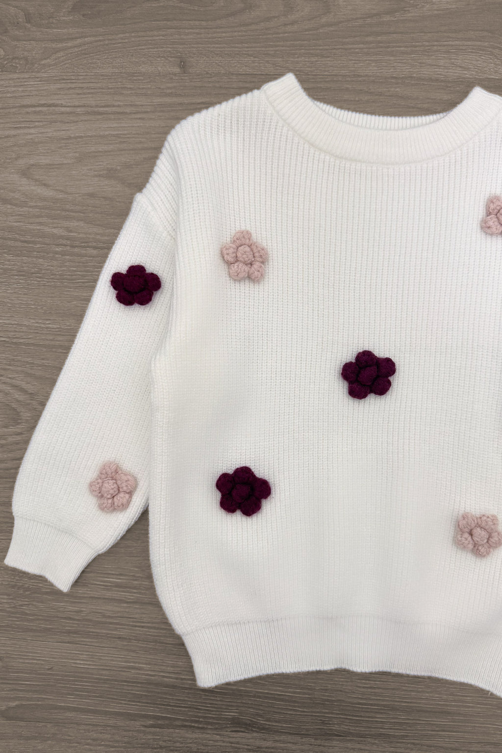 Knit Flower Burgundy Denim Pant Set - 6-12 Months - White knit sweater with burgundy and soft pink flower appliqués scattered across the front and sleeves, featuring ribbed.