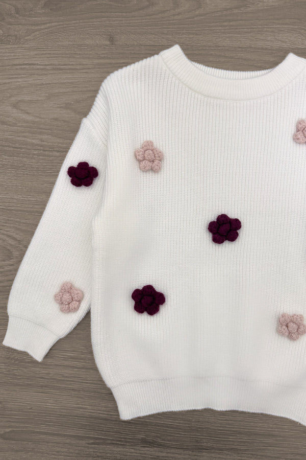 Knit Flower Burgundy Denim Pant Set - 6-12 Months - White knit sweater with burgundy and soft pink flower appliqués scattered across the front and sleeves, featuring ribbed.