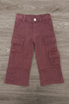 Knit Flower Burgundy Denim Pant Set - 6-12 Months - Burgundy denim cargo pants with multiple flap pockets and wide legs on wooden floor background.