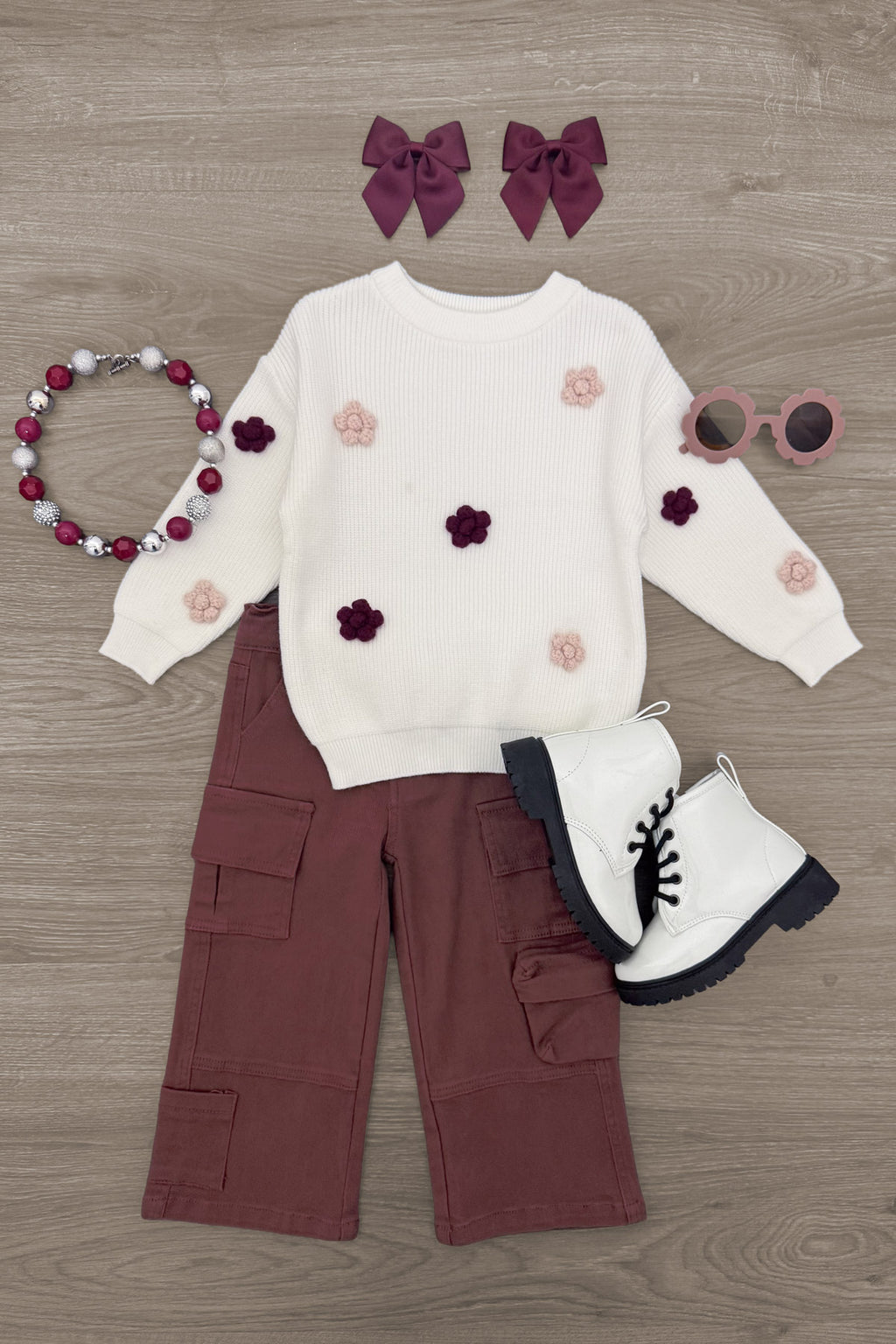 Knit Flower Burgundy Denim Pant Set - 6-12 Months - Burgundy wide-leg denim pants paired with white knit sweater featuring burgundy and blush flower accents, white lace-up.