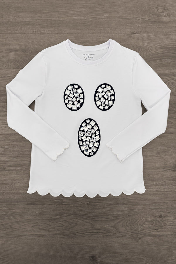Mom & Me - Rhinestone Ghost Top & Pant Set - MOM-XS - White long-sleeve top with black rhinestone ghost face and scalloped hem.
