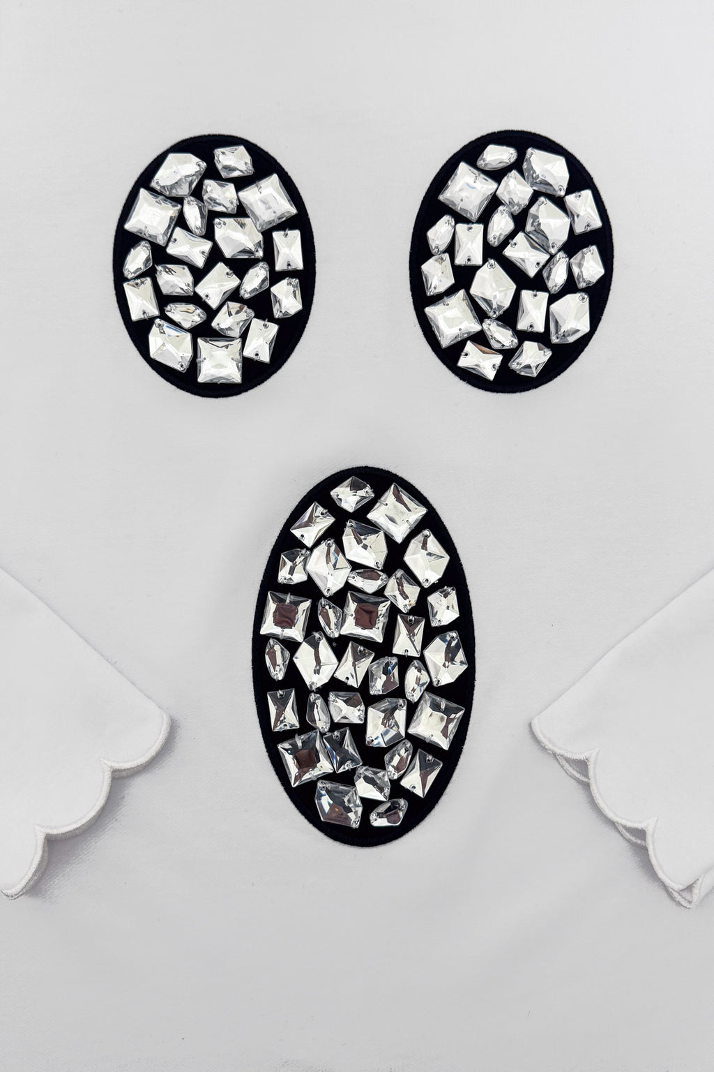 Mom & Me - Rhinestone Ghost Top & Pant Set - CHILD-6-12 Months - Black fabric with three oval clusters of faceted rhinestones creating a sparkling ghostly motif.