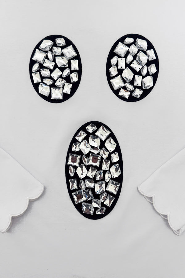 Mom & Me - Rhinestone Ghost Top & Pant Set - CHILD-6-12 Months - Black fabric with three oval clusters of faceted rhinestones creating a sparkling ghostly motif.