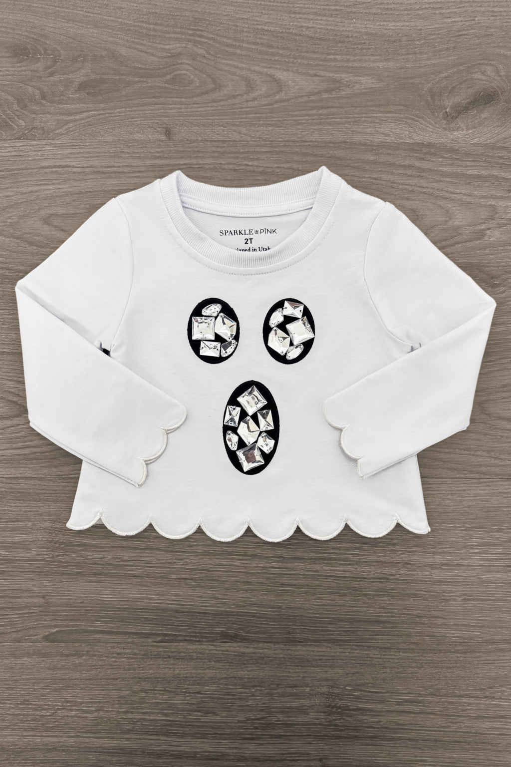 Mom & Me - Rhinestone Ghost Top & Pant Set - CHILD-6-12 Months - White long-sleeve top with scalloped hem and black rhinestone ghost designs on the front.