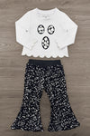 Mom & Me - Rhinestone Ghost Top & Pant Set - CHILD-6-12 Months - White long-sleeve top with scalloped edges and black rhinestone ghost faces, paired with black flared pants with white.