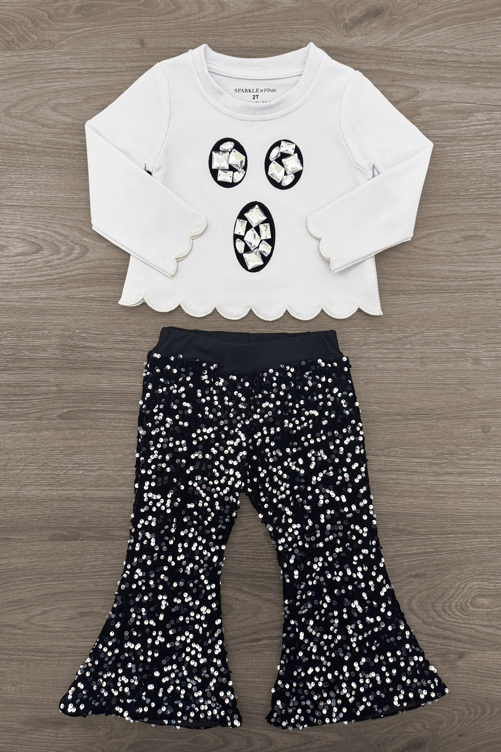 Mom & Me - Rhinestone Ghost Top & Pant Set - CHILD-6-12 Months - White long-sleeve top with scalloped edges and black rhinestone ghost faces, paired with black flared pants with white.