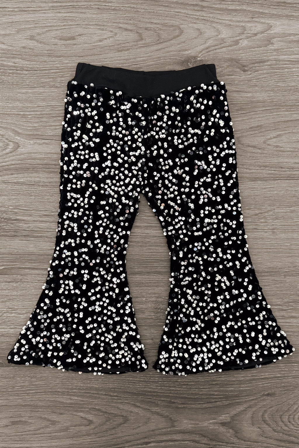 Mom & Me - Rhinestone Ghost Top & Pant Set - CHILD-6-12 Months - Black bell-bottom pants with white rhinestone ghost pattern and elastic waistband.