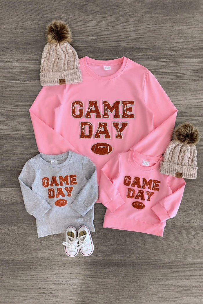 Mom & Kid - "Game Day" Chenille Patch Top - GIRL-3XS-6-12 Months-FAMILY - Pink and gray crewneck sweatshirts with chenille "GAME DAY" lettering and football patches, paired with pink knit hats with.