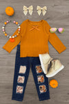 Pumpkin Denim Pant Set - 6-12 Months - Orange long-sleeve ribbed top with bow detail paired with dark denim pants featuring patchwork and distressing.
