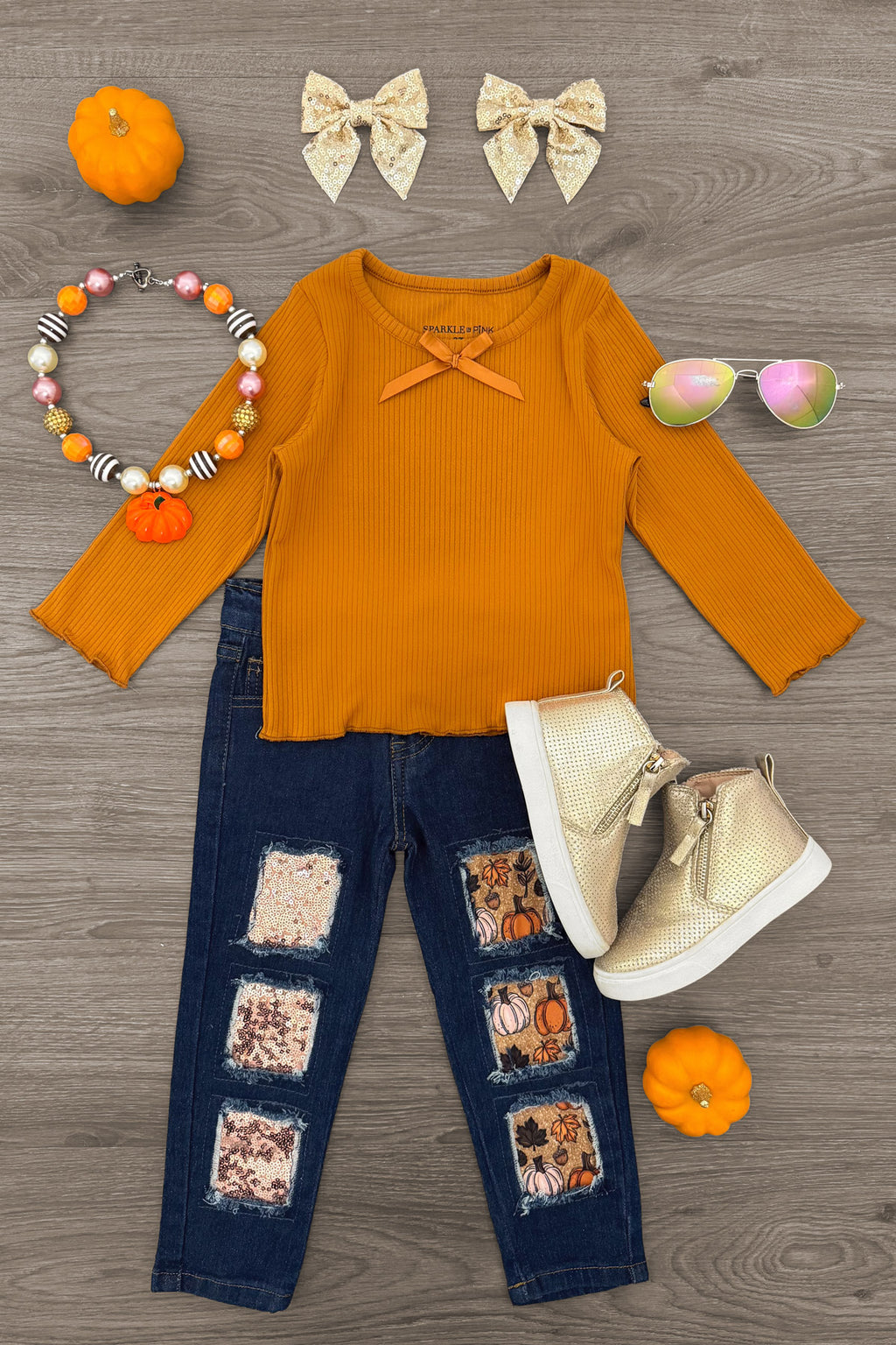 Pumpkin Denim Pant Set - 6-12 Months - Orange long-sleeve ribbed top with bow detail paired with dark denim pants featuring patchwork and distressing.