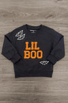 Mom & Kid - "Momster & Lil Boo" Top - GIRL-0-3 Months-FAMILY - Black long-sleeve sweatshirt with orange "LIL BOO" text and white bat graphics on chest and sleeve.