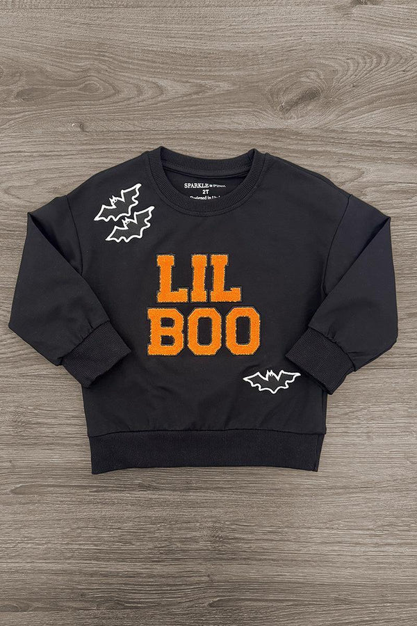 Mom & Kid - "Momster & Lil Boo" Top - GIRL-0-3 Months-FAMILY - Black long-sleeve sweatshirt with orange "LIL BOO" text and white bat graphics on chest and sleeve.